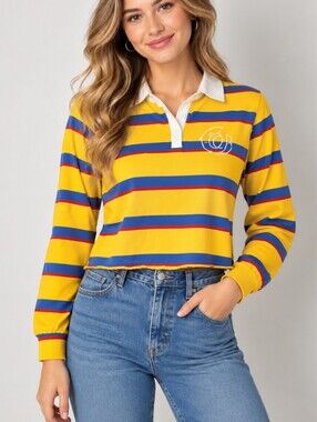 VTG ODD FUTURE Canary Yellow Striped Cropped Long Sleeve Baddie Rugby Shirt